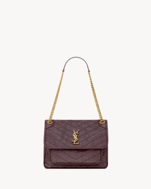Saint Laurent Niki Medium Burgundy Crinkled Leather Gold Hardware