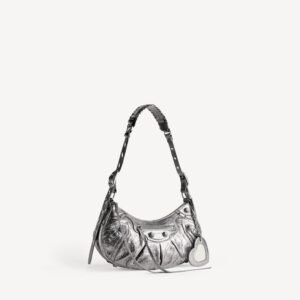 Balenciaga Le Cagole Shoulder Bag Small in silver metallized Arena lambskin, aged-silver hardware