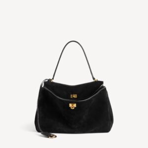 Balenciaga Rodeo Handbag Medium in black suede calfskin and smooth calfskin, aged-gold hardware
