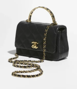 Chanel Mini Flap Bag with Top Handle Grained Shiny Calfskin & Gold-Tone Metal Black - Image 3