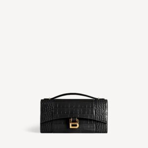 Balenciaga Hourglass Pochette With Chain in black soft crocodile embossed calfskin, shiny gold hardware