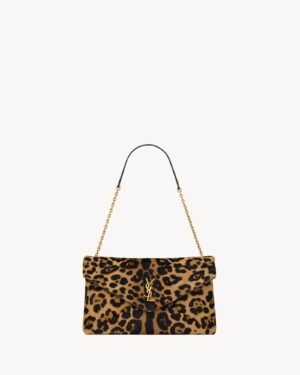 Saint Laurent Le Cassandre Large Leopard Print Calf Hair Chain Clutch Gold Hardware