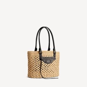 Balenciaga Le City Basket Medium in natural beige raffia effect fabric and black Arena lambskin, brass hardware - Image 5