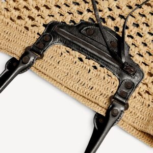 Balenciaga Le City Basket Medium in natural beige raffia effect fabric and black Arena lambskin, brass hardware - Image 6