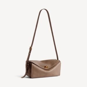 Balenciaga Le 7 Shoulder Bag Medium in biscuit smooth calfskin and plum suede lambskin lining, aged-gold hardware - Image 3