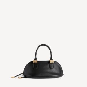 Balenciaga Bolero Bowling Bag Mini in black smooth calfskin and plum nappa lambskin lining with aged-gold hardware