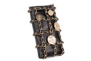 Chanel Coin Medallion Phone Holder With Brooches Black Lambskin Gold Hardware - Image 3