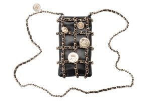 Chanel Coin Medallion Phone Holder With Brooches Black Lambskin Gold Hardware - Image 8