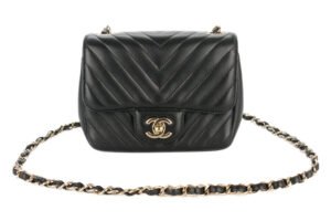 Chanel Mini Square Black Chevron Lambskin Champagne Hardware - Image 8