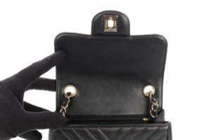 Chanel Mini Square Black Chevron Lambskin Champagne Hardware - Image 9