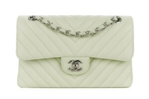 Chanel Small Classic Double Flap Mint Green Chevron Lambskin Silver Hardware