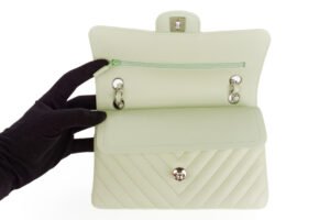 Chanel Small Classic Double Flap Mint Green Chevron Lambskin Silver Hardware - Image 8