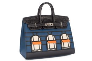 Hermès Birkin 20 Limited Edition Faubourg Night Bleu Marine / Orange H / Bleu Obsure Madame Palladium Hardware - Image 3