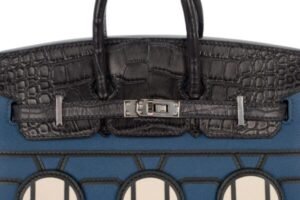 Hermès Birkin 20 Limited Edition Faubourg Night Bleu Marine / Orange H / Bleu Obsure Madame Palladium Hardware - Image 8