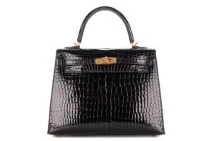 Hermès Kelly 25 Noir – Black Shiny Crocodile Porosus Sellier Gold Hardware
