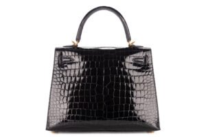 Hermès Kelly 25 Noir – Black Shiny Crocodile Porosus Sellier Gold Hardware - Image 4